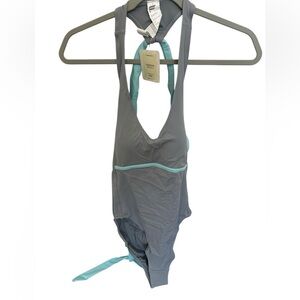 Fabletics Gabriella Gray Teal One Piece Swimsuit with Tie‎ Back